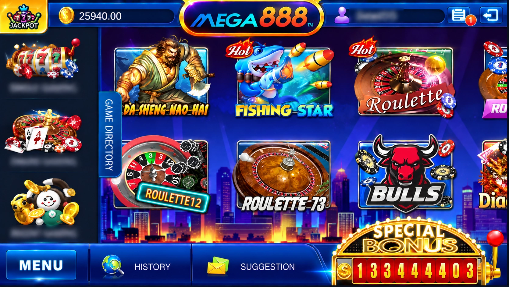 Kategori permainan pada bar sisi Mega888