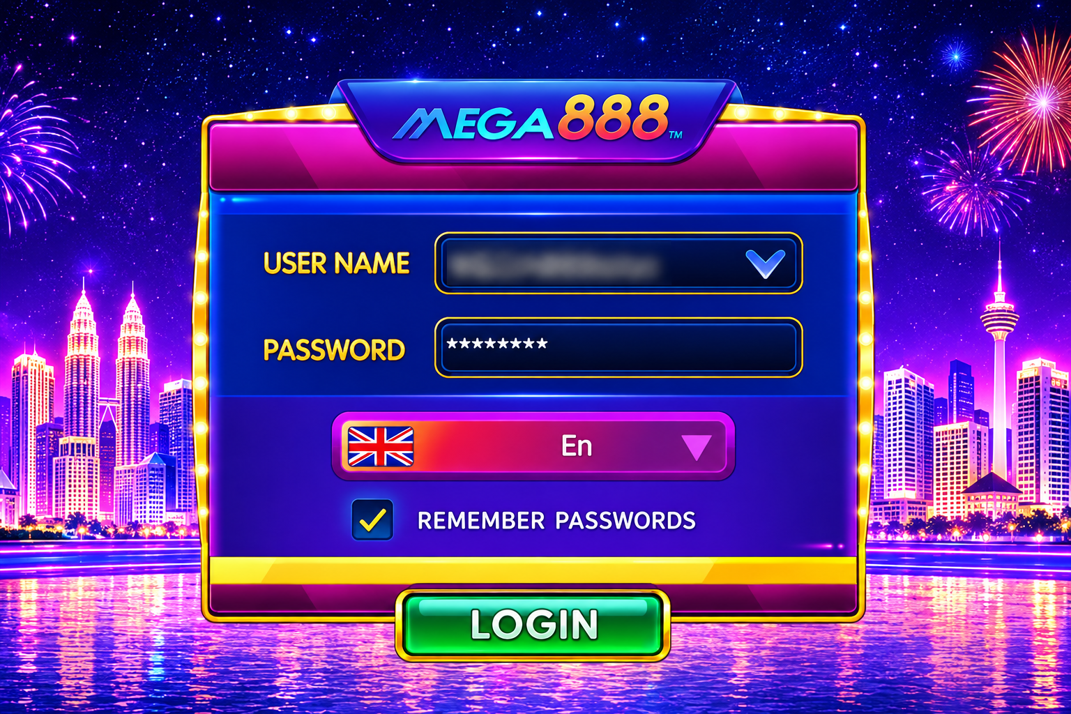 Skrin log masuk akaun Mega888
